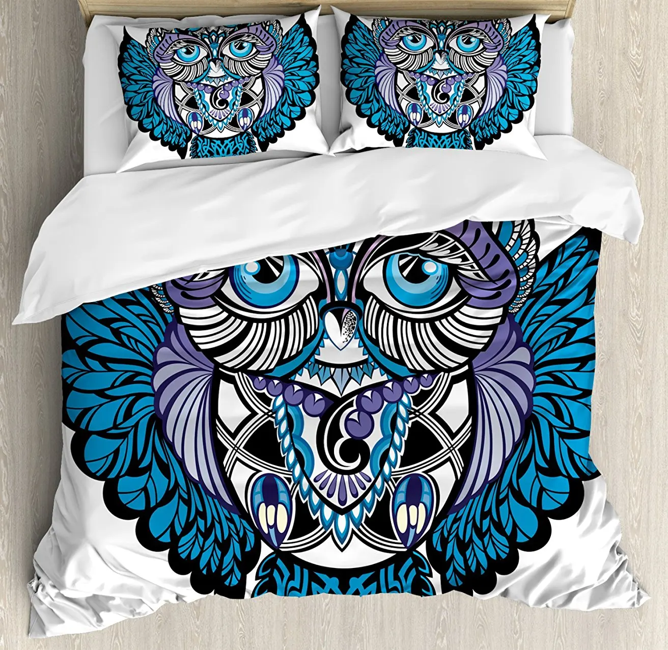 

Tribal Duvet Cover Set, Owl Bird Animal with Paisley Tattoo Design with Big Blue Eyes Lashes Print, 4 Piece Bedding Set