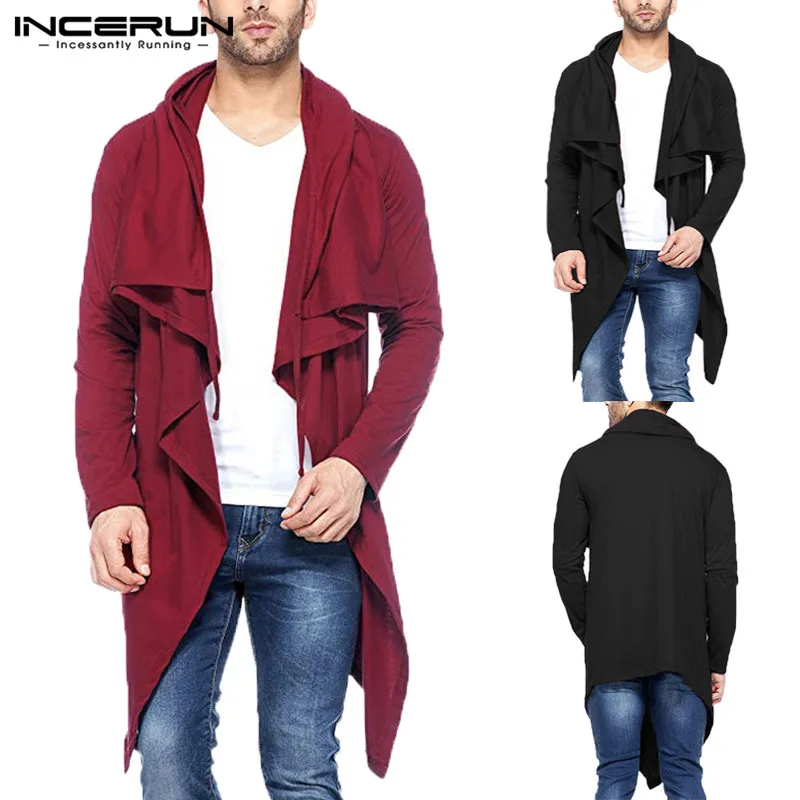 INCERUN Men Trench Coat Hooded Long Sleeve Solid Men Outerwear Baggy ...