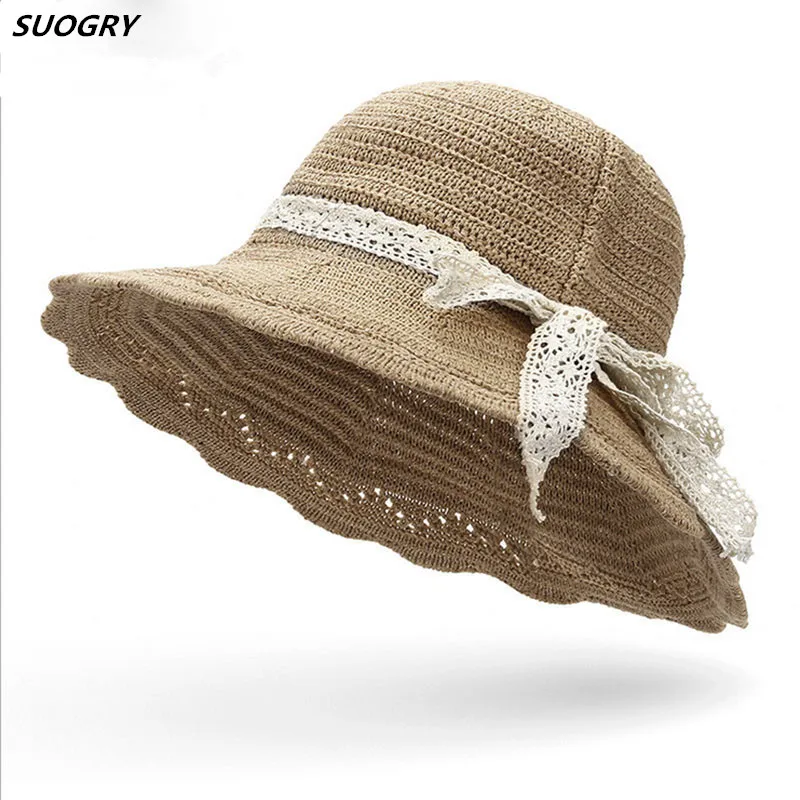 

Womens Hats Summer Knitted Sun Hat Lace Ribbon Folding Beach Hat Female Hats For Women Sunshade Floppy Hat Sunhat Vacation