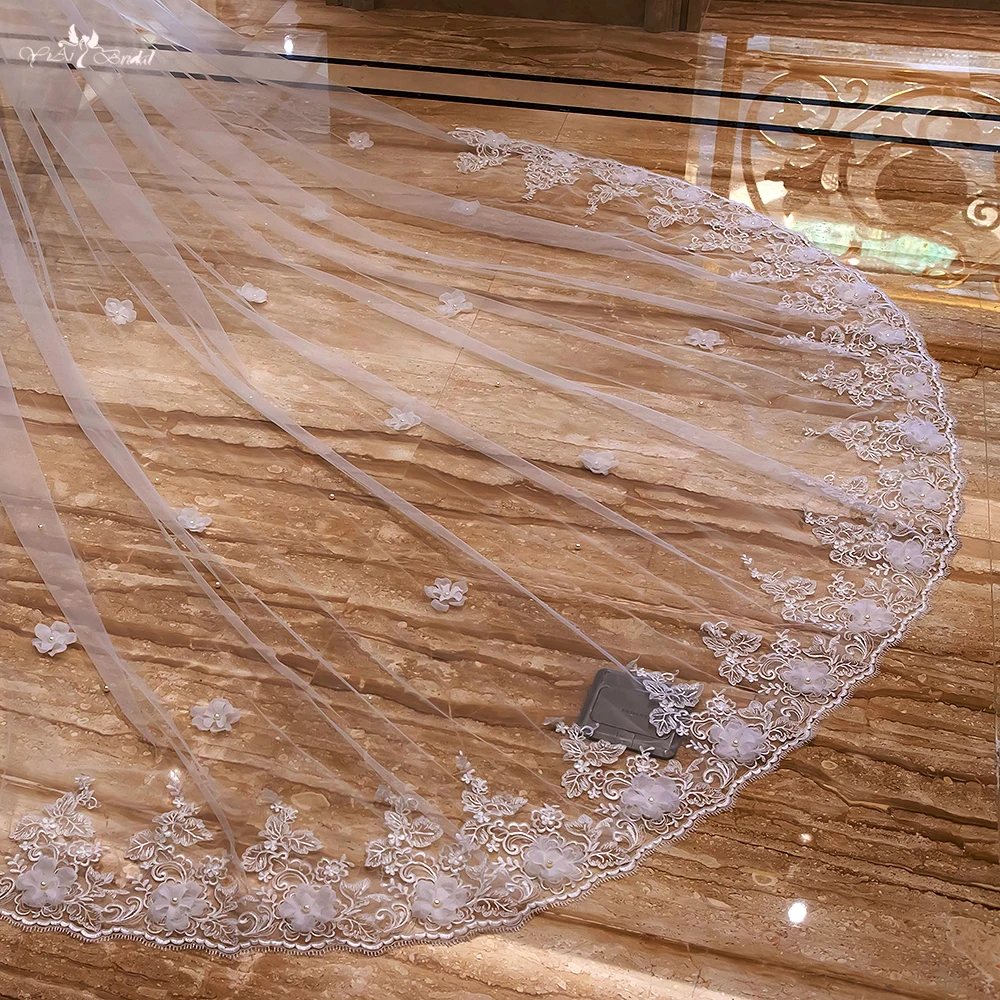 LZP293 4 м Длинная свадебная вуаль кружевная кромка с 3D Алмазная Тюль Фата невесты с цветами двухслойная Соборная свадебная вуаль
