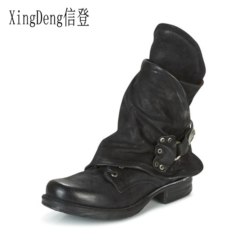 

XingDeng Round Toe Women Spring Autumn Buckle Square Heels Pu Leather Martin Boots Shoes Ladies Flat Ankle Western Riding Boots