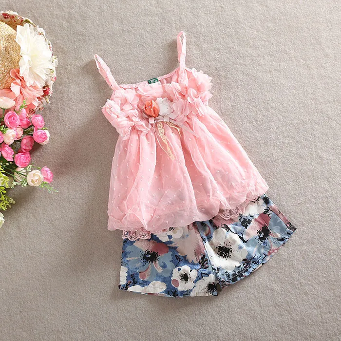 Summer Girl Clothing Sets Children's Flower Sling Vest+ Shorts 2 Pieces Suits Petal Chiffon Print Floral Pants Clothes