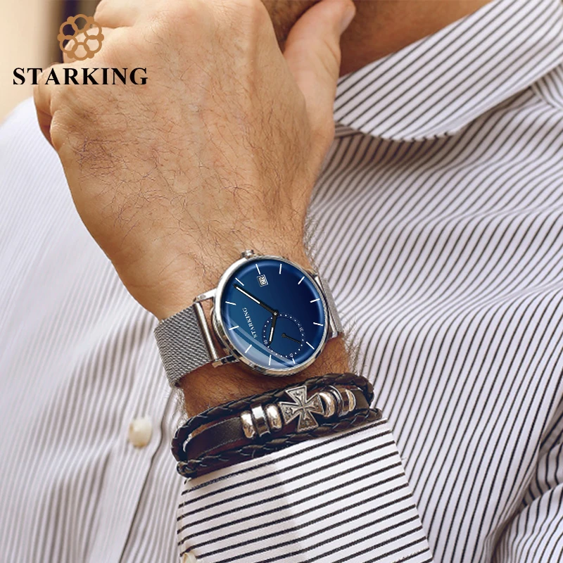 Старкинг Платье Мужские часы стальной сетчатый ремешок Кварцевые аналоговые наручные часы 3ATM водонепроницаемые изогнутые стеклянные синие мужские часы Relogio Masculino