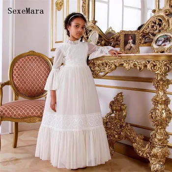

New Ivory White Girls First Communion Long Sleeves A Line O Neck Chiffon Lace Vintage Child Communion Pageant Gowns Size2-16Y
