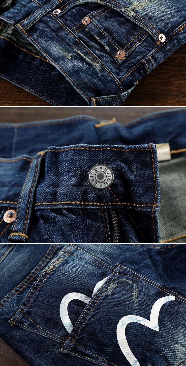 Аутентичные Evisu Весна Лето Высокое качество Мужские повседневные джинсовые шорты дышащая стирка колено Мода хип хоп мужские прямые брюки