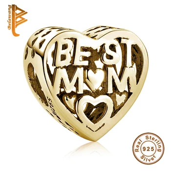 

BELAWANG 100% 925 Sterling Silver Best Mom Charms Gold Heart Beads Fit Original Bracelet Silver Jewelry Accessories