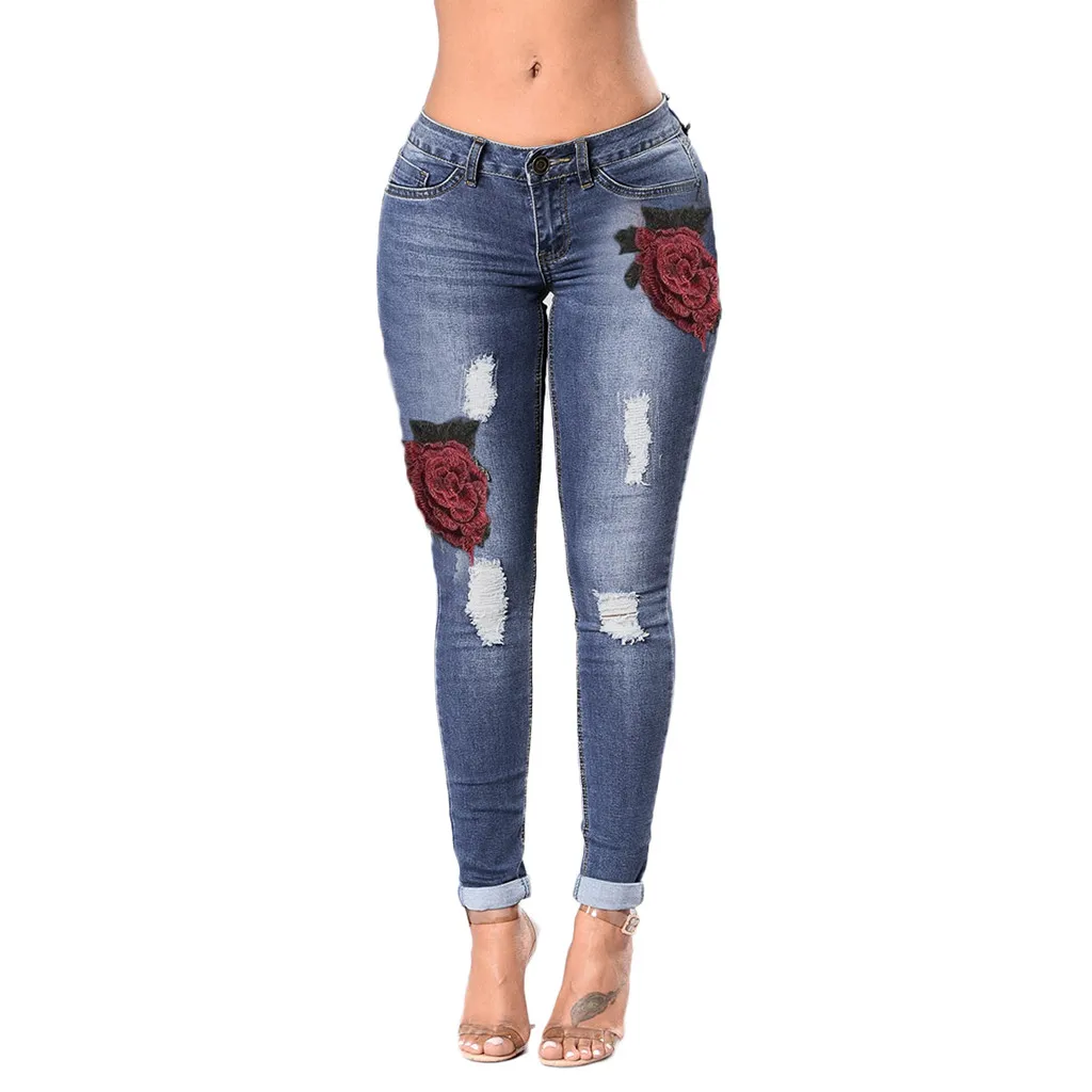 

JAYCOSIN Stretch Embroidered Jeans For Women Hole Ripped Rose Pattern Jeans Pantalon Femme Flower Jeans Ladies Pencil Denim Pant