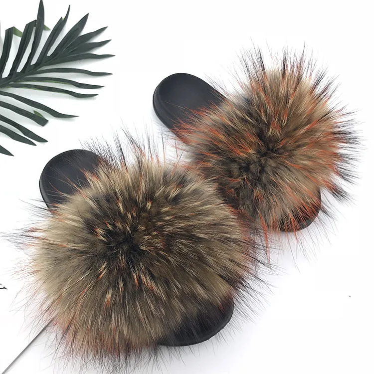 

Real Raccoon Fur Slippers Women 2020 Sliders Casual Fox Hair Flat Fluffy Fashion Home Summer Big Size 45 Furry Flip Flops Shoes