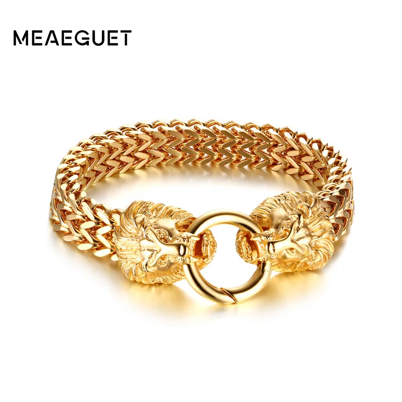 

Meaeguet Trendy Double Stainless Steel Chain Bracelet & Bangles Punk Street Style Two Lion Head Bracelet Men Jewelry