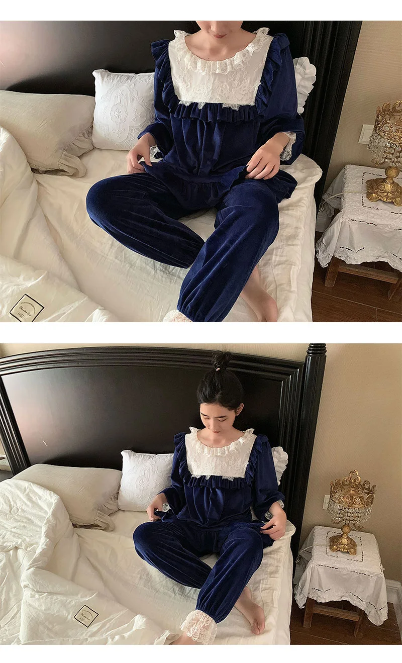 UNIKIWI. Осенне-зимний женский фланелевый пижамный комплект в стиле Лолиты. Винтажный женский пижамный комплект в стиле дворца с кружевными цветами. Ночная одежда для дома