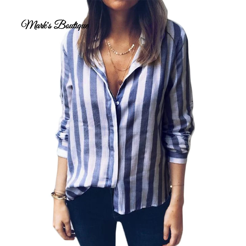 

Women Blouses 2019 Fashion Striped Shirt Casual Turn Down Collar Blouse Ladies Office Shirts Long Sleeve Tunic Top Blusas Mujer