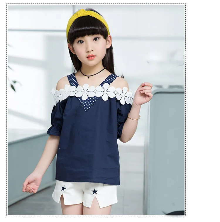 lace crochet flowers girls clothing sets 10 14 8 6 12 11 years summer 2017 clothing girls clothes sets kids blouses shorts sets (7)
