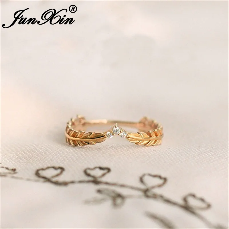 JUNXIN Cute Girls Stacking Daily Thin Rings For Women Yellow Gold Filled Wheat Feather Leaf Ring Female CZ Wedding Crown Ring