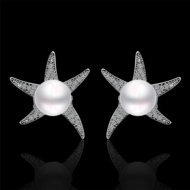 2017 New Elegant Lady Genuine S Pearl White Gold Women Starfish 2017 New Elegant Lady Genuine S Pearl White Gold Women Starfish Earrings Jackets E034 Gift Box