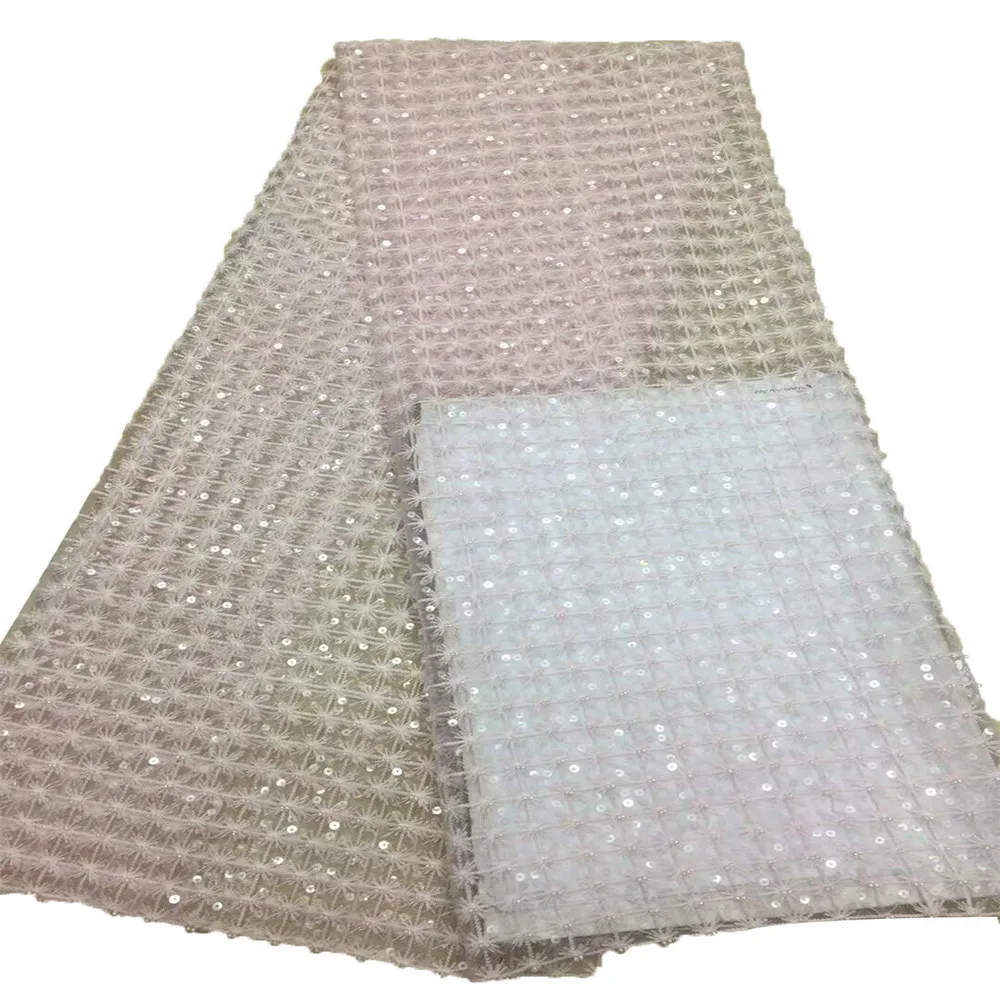 

Latest Beautiful French sequin lace fabric with high quality Nigerian Net beaded lace fabric with sequins X711-2