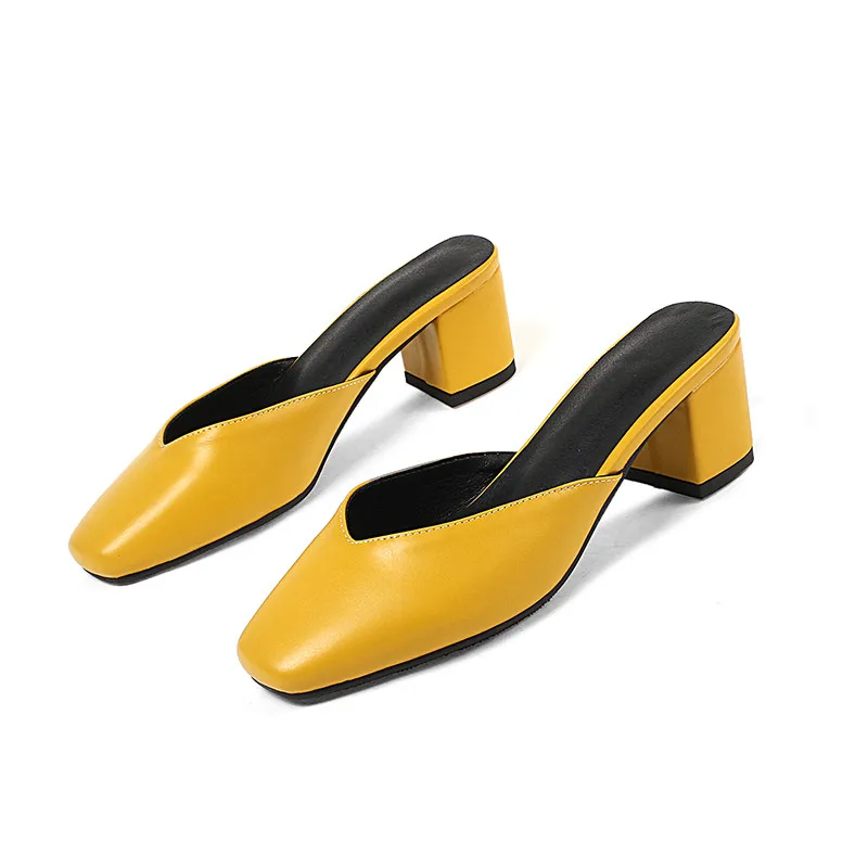 MORAZORA/; женские туфли-лодочки; однотонные летние туфли; туфли на высоком квадратном каблуке без застежки; женские повседневные туфли без задника; большие размеры 44 - Цвет: Цвет: желтый