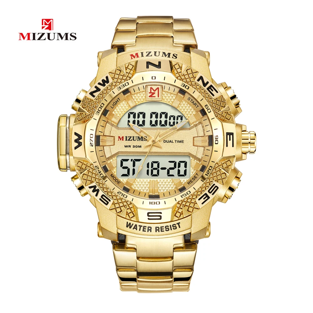 Gold Watch Men LED Digital Sports Watches Man Waterproof Stainless Steel Band Luxury Brand Mizums Men's Quartz Wristwatch XFCS