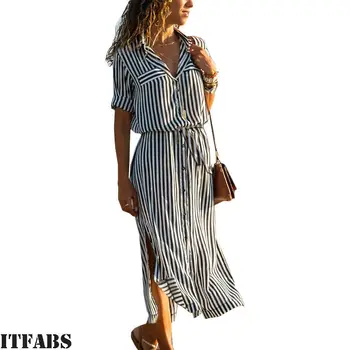 

Skirts 2019 New Brand Spring Women Stripe Long Sleeve V-Neck Button Slit Casual Loose Long Skirts