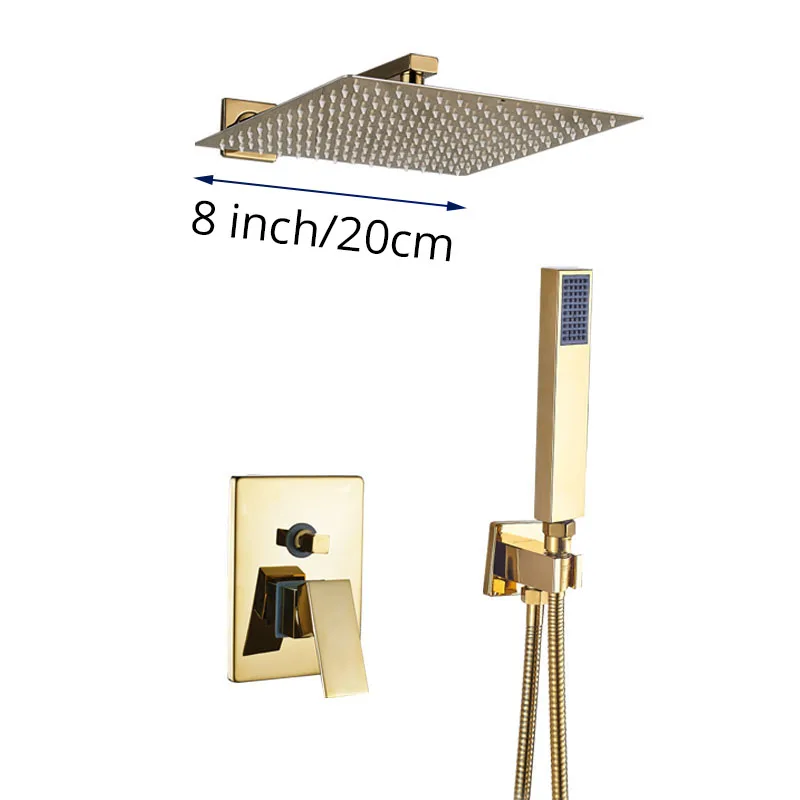 Золотой дождевой душевой набор с одной ручкой для ванной комнаты Водопад Дождь душ смесители с ручной душ Скрытая установка душевой кран - Цвет: 8 inch  2 ways
