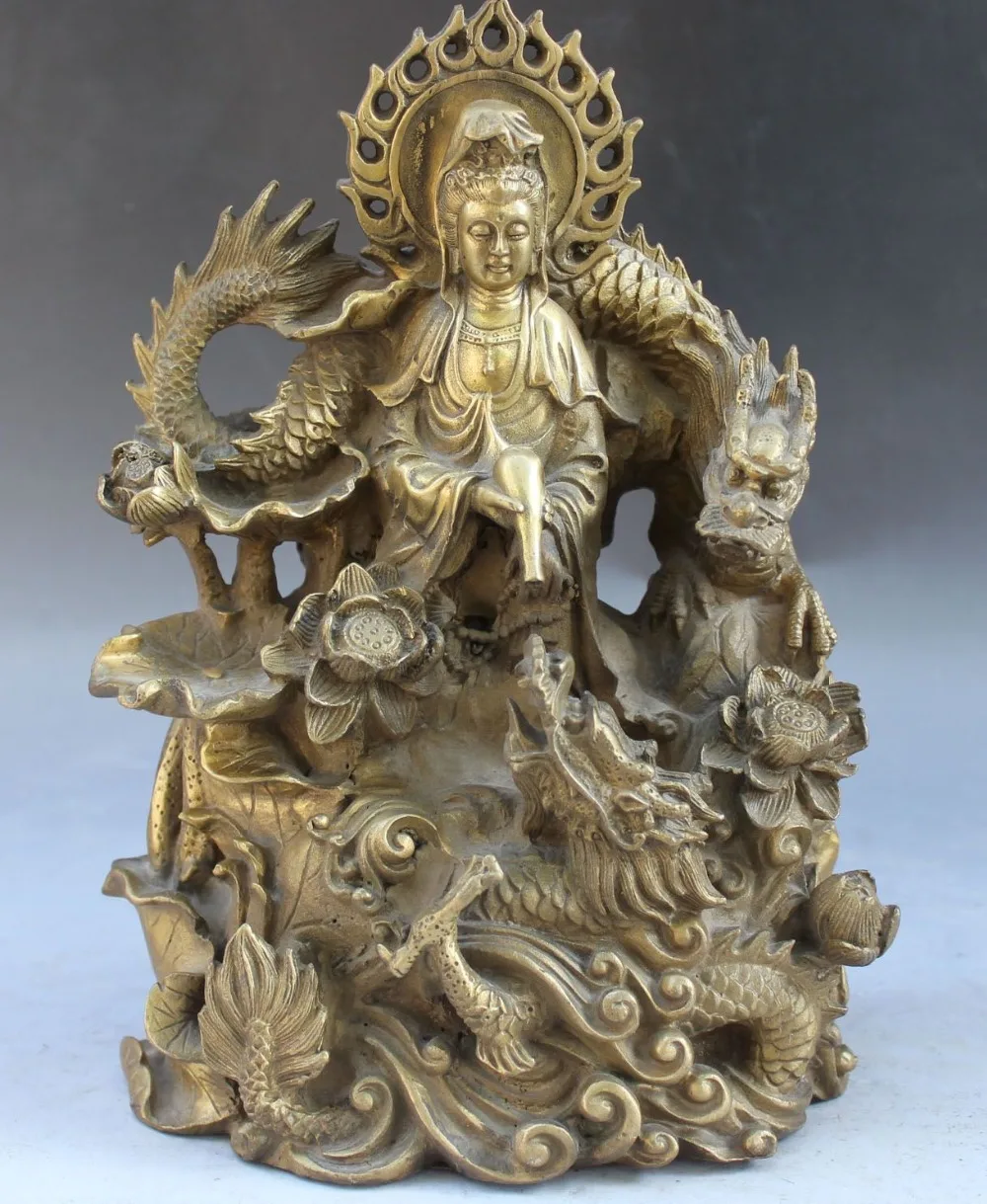 

004150 10"Chinese Bronze Stand Lotus Dragon Kwan-yin Guanyin Goddess Buddha Vase Statue