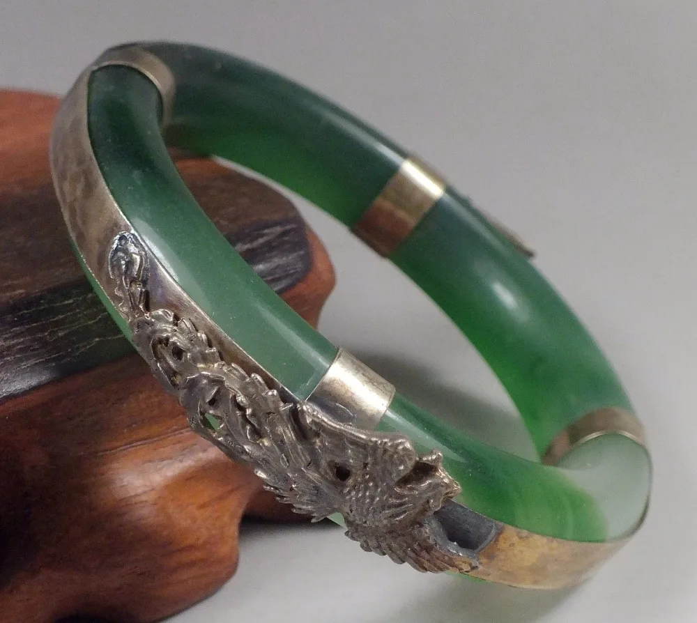

Free Shipping >> Chinese Old silver Dragon Phoenix Hand-carved Green jade bracelet