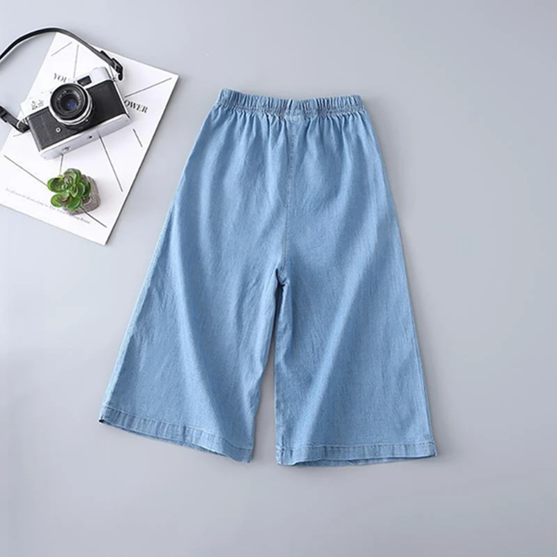 Cute Children Kids Girl's Solid Print Wide Leg Pants Casual Soft Tencel Cowboy Short Trousers 2-6Y Lovely Toddler Girl Clothes