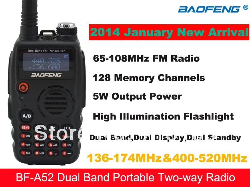 

2014 NEW Baofeng A52 VHF+UHF Dual Band 5W 128CH FM Portable Two-way Radio Baofeng BF A52 VOX walkie talkie Transceiver