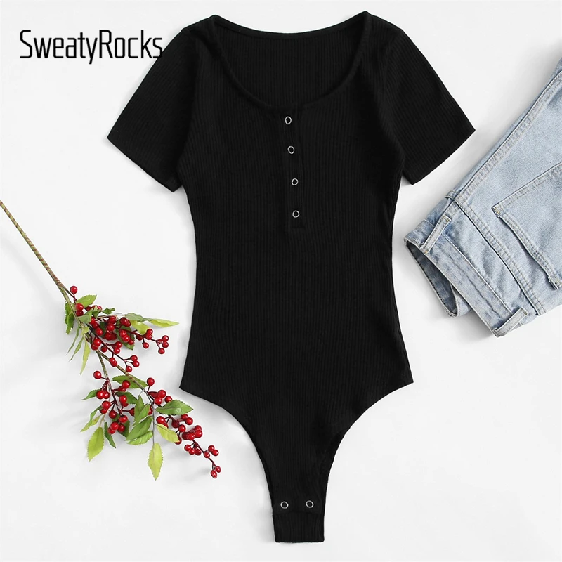 SweatyRocks цельное кольцо с глубоким вырезом, боди, уличная одежда, Женский Повседневный комбинезон,, летние обтягивающие черные базовые боди