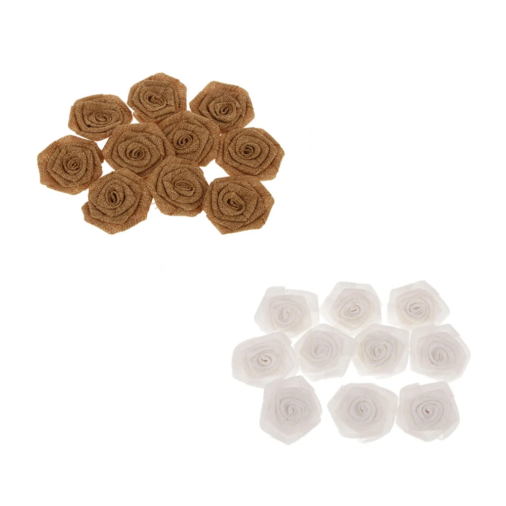 20Pcs Wedding Party Decor Artificial Flowers Clips Hair Bands Hat Clothes Scrapbooking DIY Linen Roses White+Brown
