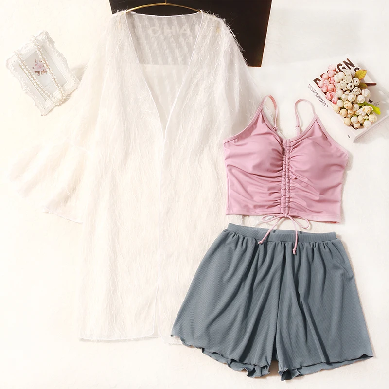 

New Summer split three-piece swimsuit straps drawstring solid color shorts + sunscreen long-sleeved blouse beach ladies swimsuit