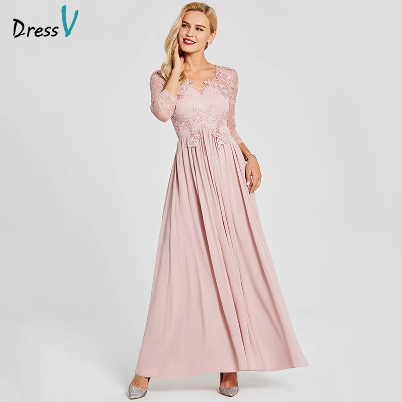 Dressv розовое вечернее платье недорогое вечернее платье с длинным рукавом и v-образным вырезом на молнии для свадебной вечеринки Формальное А-образное вечернее платье с аппликацией es