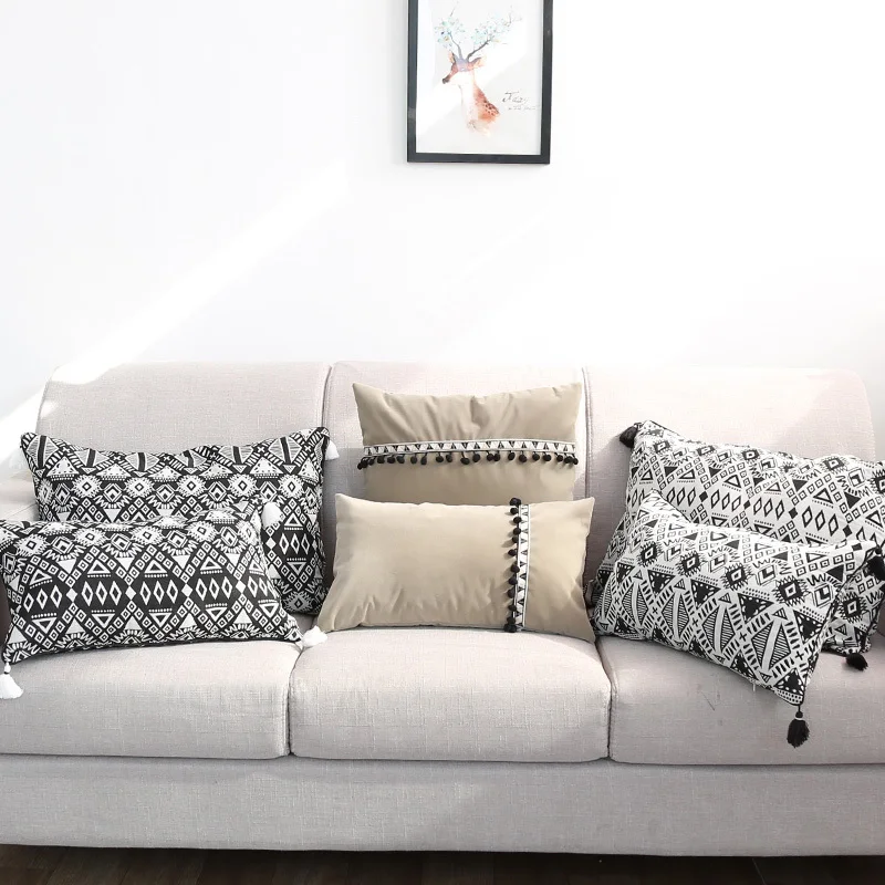 

30x50/45x45cm Nordic tassel brown cushion cover modern black white geometric lunbar pillow cover throw pillowcase sofa