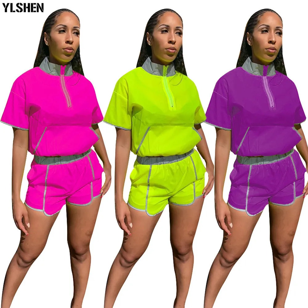 

Plus Size 2 Two Piece Set Women Crop Top and Shorts Track Suit Casual Reflective Memory Cloth Collar Biker Short Matching Set