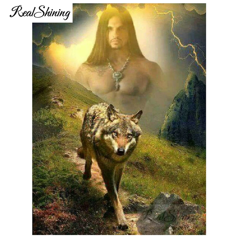 

full square round drill diamond embroidery icon,5d diamond painting cross stitch Indian Man Wolves mosaic wall painting FS5440