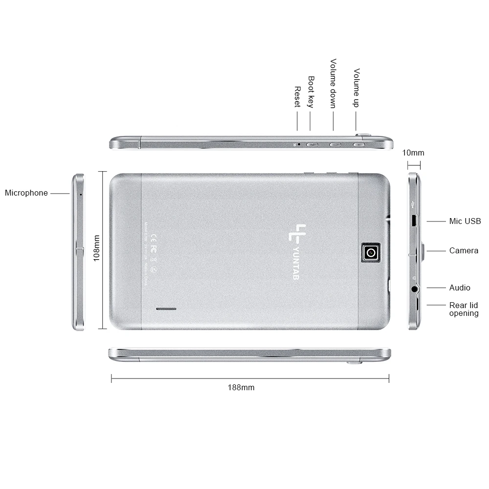 YUNTAB 7 ''E706 планшетный ПК из сплава четырехъядерный сенсорный экран 1024x600 Android 5,1 двойная камера Поддержка sim-карты 2500 мАч батарея