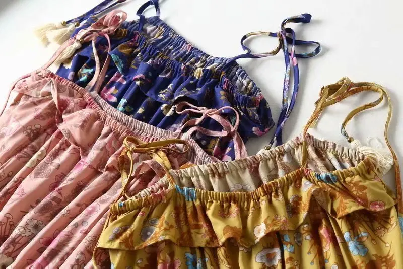 Богемное шикарное летнее винтажное платье с цветочным принтом и кисточками средней длины на бретелях для женщин модные пляжные платья на завязках Vestidos