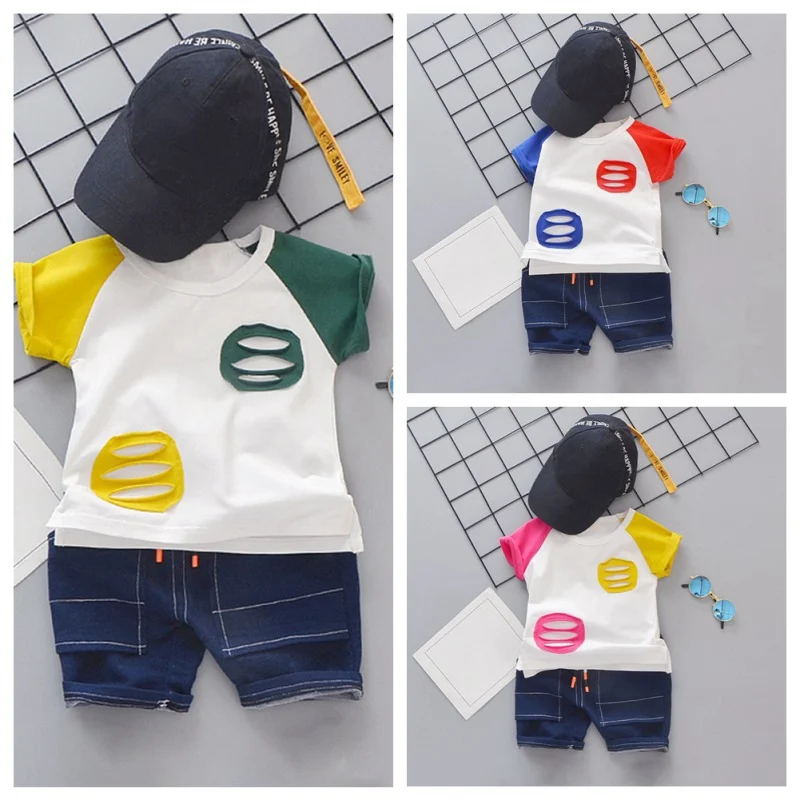 

Summer Baby Boys Short Sleeve Hollow Pocket Design Tops Blouse T-shirt+Denim Shorts Casual Outfits Sets