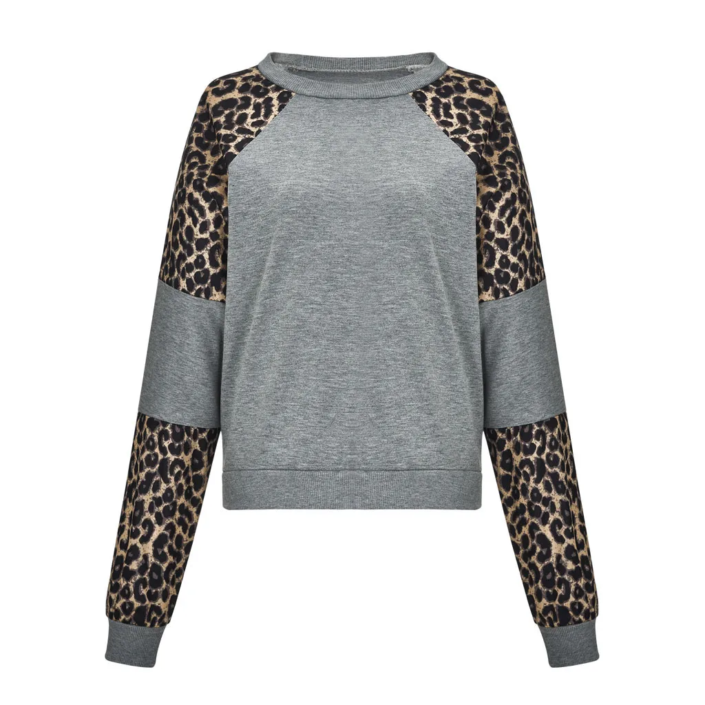 Blouse Bleu Hiver Femme O Nouveau Ciel À Casual Manteau Manches Longues marron Top Vêtements Femmes Sweat Épissage pu Pull Léopard Cou wvqTx6xZ