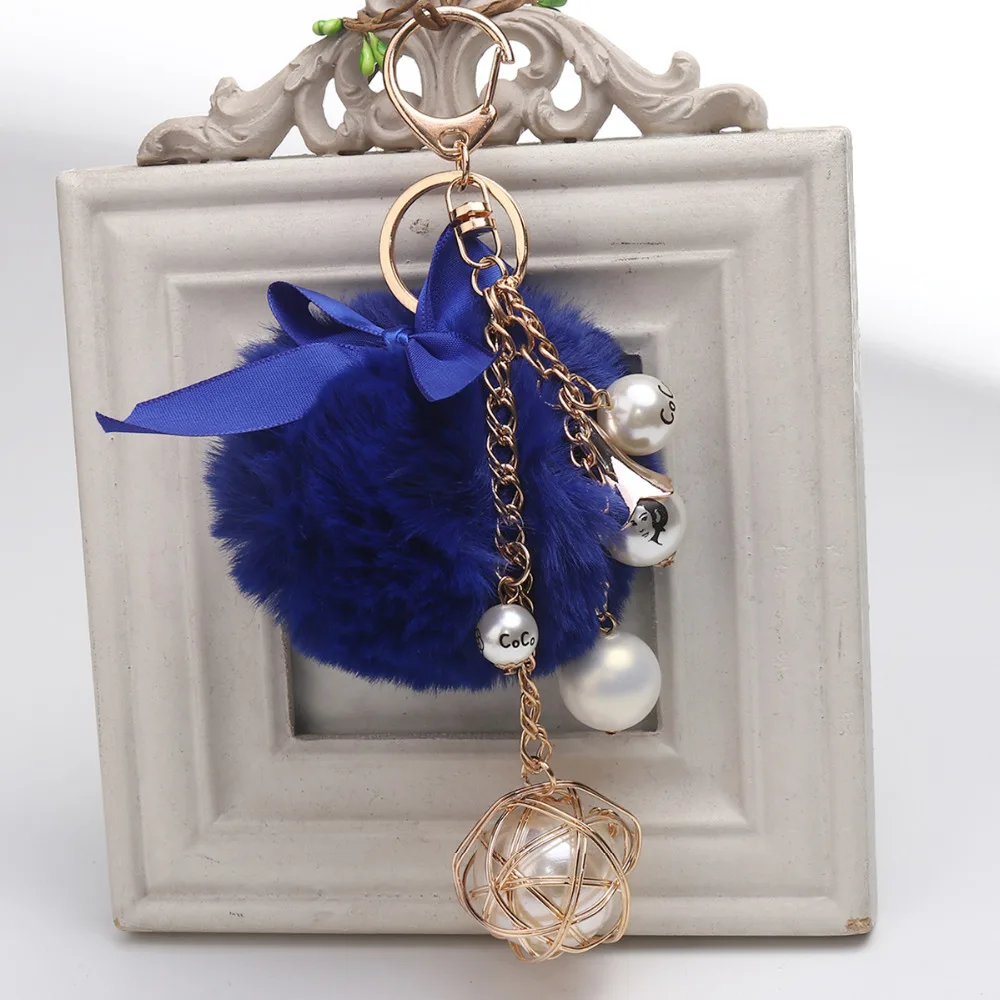 Doreen Box Plush Keychain &amp Keyring Lobster Pom Ball Gold Color White Blue Bowknot Imitation Pearl 20.5cm(8 1/8&quot) 1 Piece | Украшения