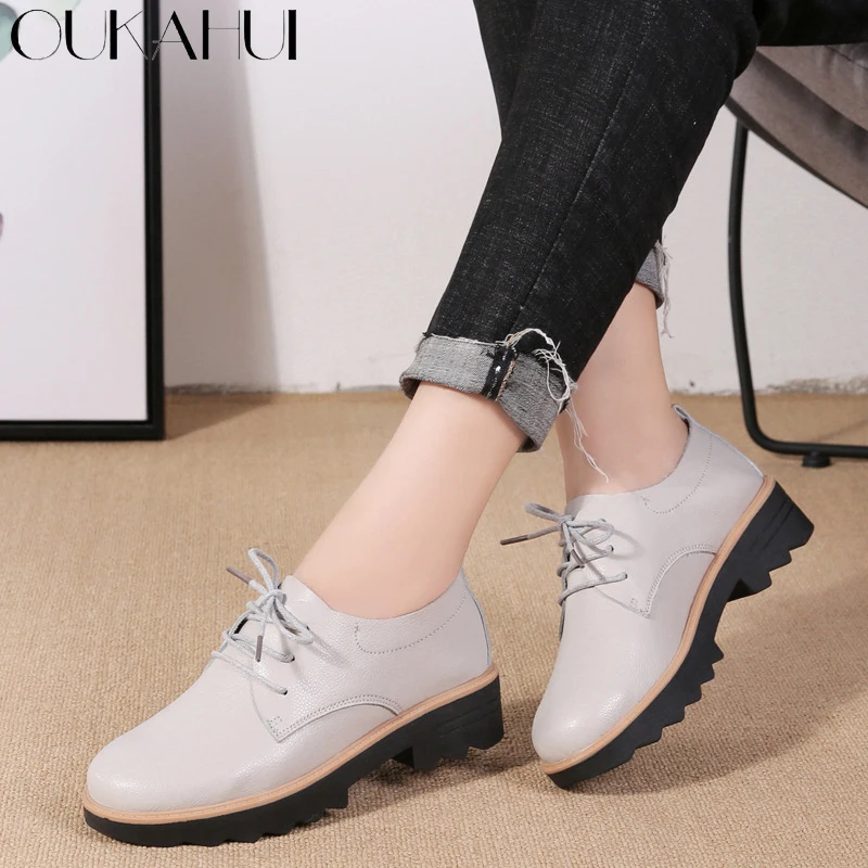 

OUKAHUI Spring Autumn Genuine Leather Shoes Flat Platform Casual Shoes Women 4CM Med Heel British Style Leather Shoes Female