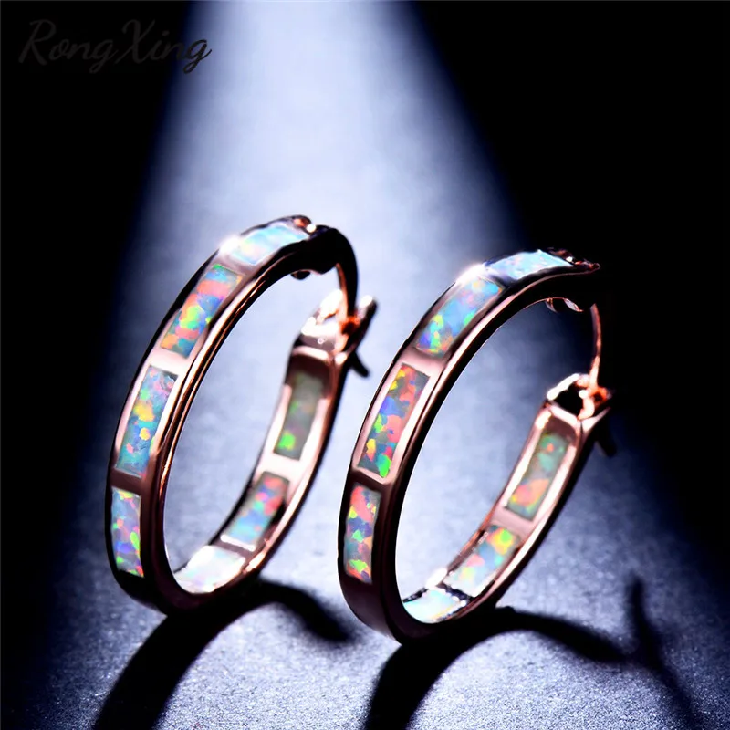 

RongXing White Fire Opal Rose Gold Hoops Earrings for Women Vintage Fashion Mystic Rainbow Birthstone Earrings Wedding Jewelry