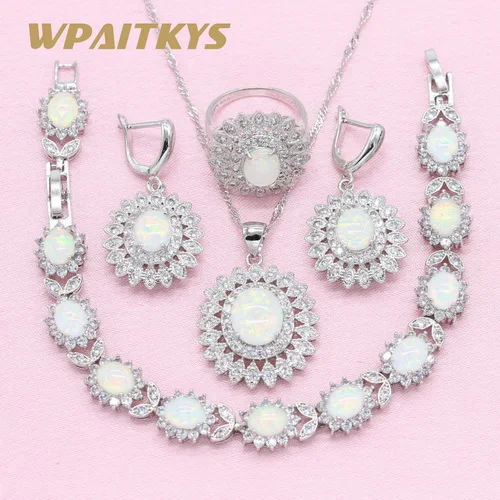 Цветок изысканный белый опал 925 Серебряные Ювелирные наборы для женщин вечерние ожерелье серьги кольцо браслет коробка WPAITKYS - Окраска металла: 4JPS    01