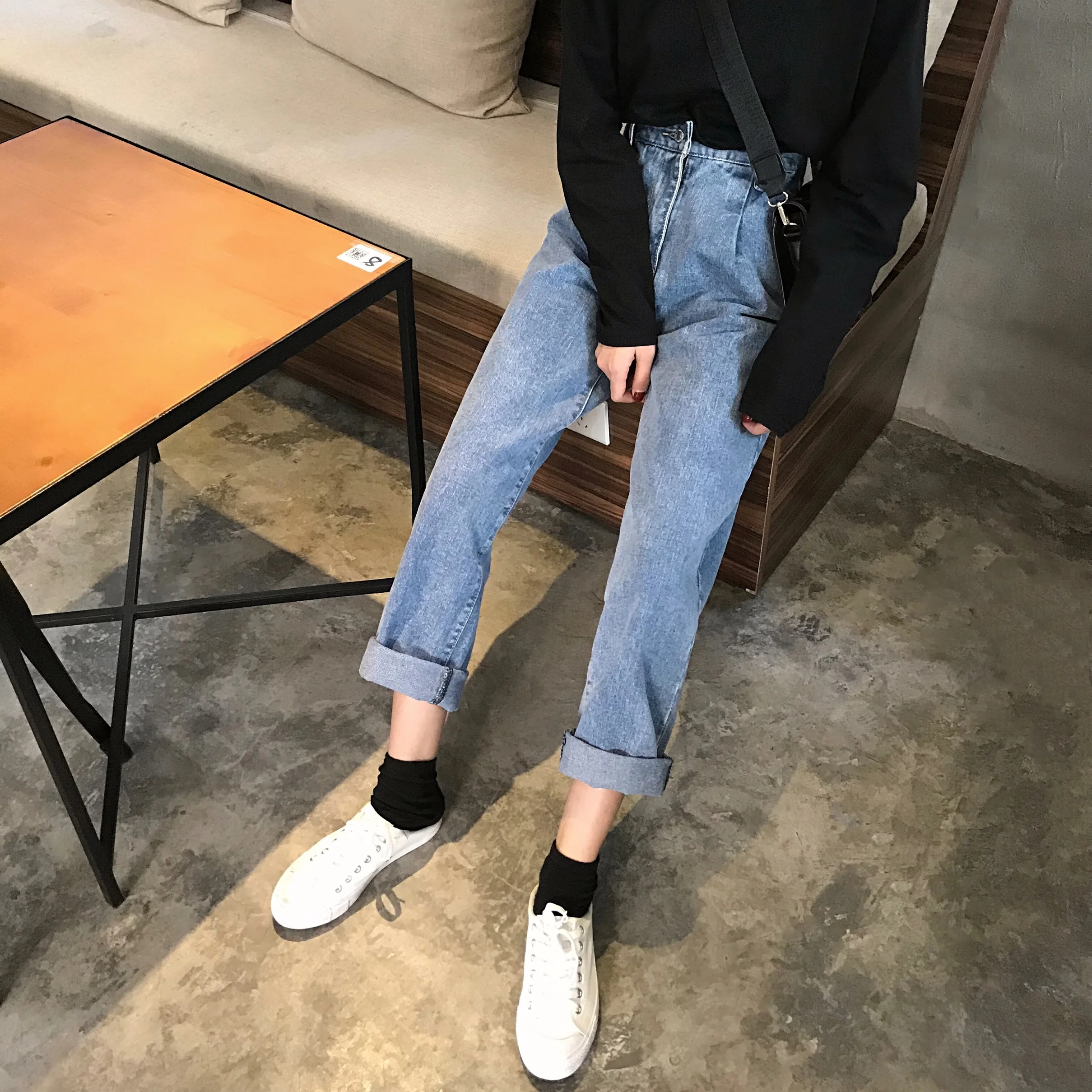 Женские джинсы на весну и лето, трендовые корейские стильные универсальные простые уличные женские брюки Ulzzang с высокой талией, шикарные Свободные повседневные брюки