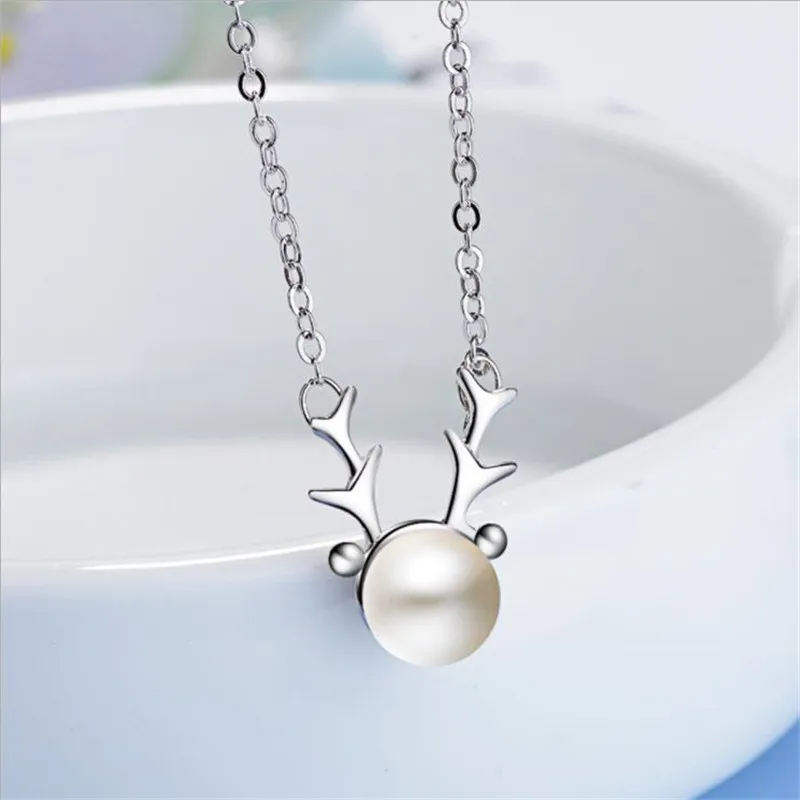 

TJP Cute Pearl Elk Women Pendants Necklace Jewelry Charm Silver 925 Girl Choker Necklace For Lady Christmas Party Accessories