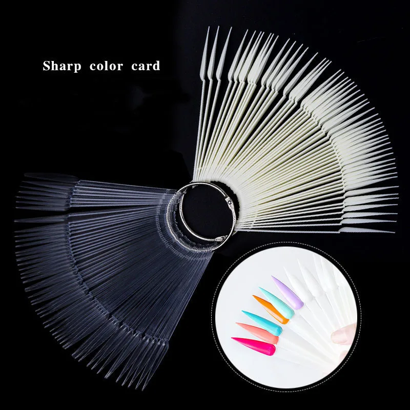 50pcs False Nails Sharp Fan Shaped Nail Art Polish Color Card Acrylic Practice Chart Palette Buckle Ring Display Manicu | Красота и