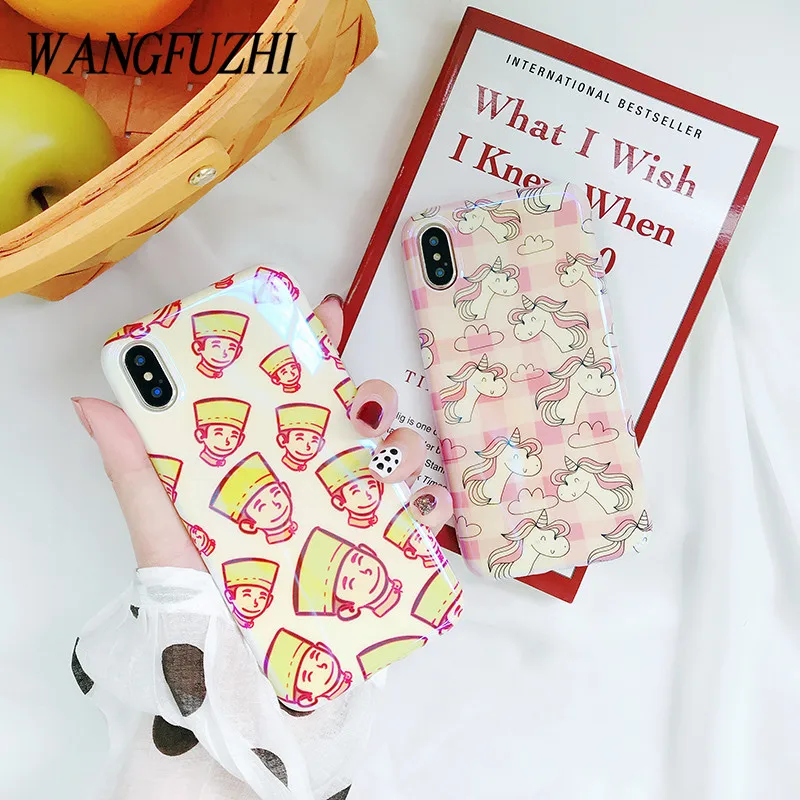 WANGFUZHI случае для iPhone 6 6S 7 8 Plus X шеф повар и пони шаблон чехол с голубой свет