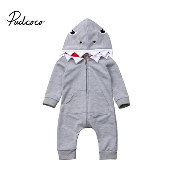 

Newborn Infant Baby Boy Shark Hooded Romper Warm Winter Baby Boy Rompers