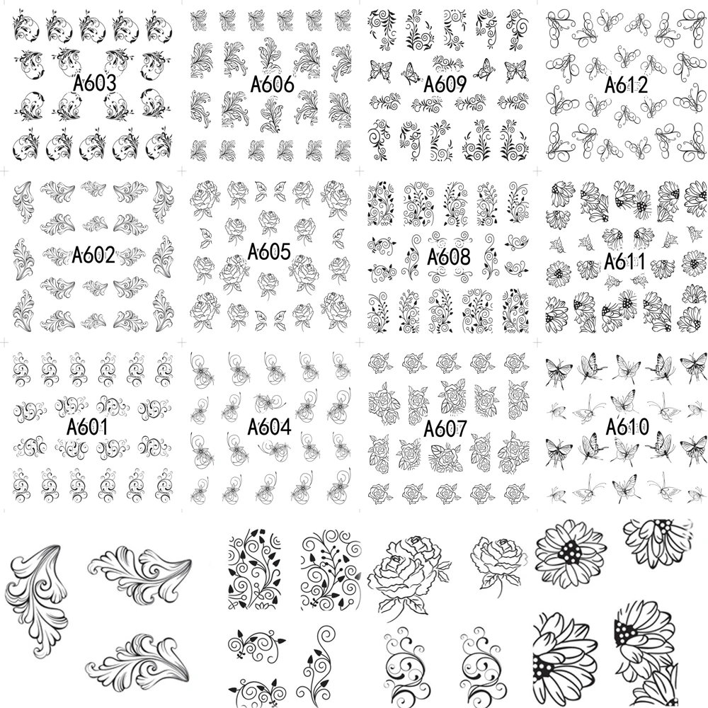 12 видов конструкций, Черная кружевная Цветочная наклейка, наклейки для дизайна ногтей, наклейки для маникюра, переводные наклейки для дизайна ногтей, для женщин, макияж, набор из фольги, A601-612