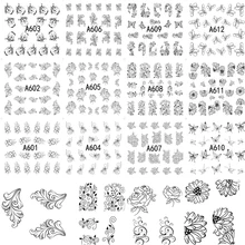 12 видов конструкций, Черная кружевная Цветочная наклейка, наклейки для дизайна ногтей, наклейки для маникюра, переводные наклейки для дизайна ногтей, для женщин, макияж, набор из фольги, A601-612