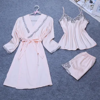 

Pink Spring Sexy Robe Kimono Sleepwear Sleep Sets Womens 3pcs Strap Top Pants Suit Casual Home Wear Pajamas Nightwear Bath Gown
